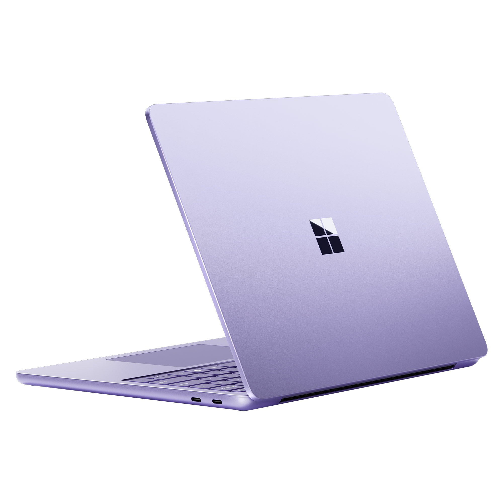 Lila Laptop, Rückseite, mit Logo und leicht geöffnet.
