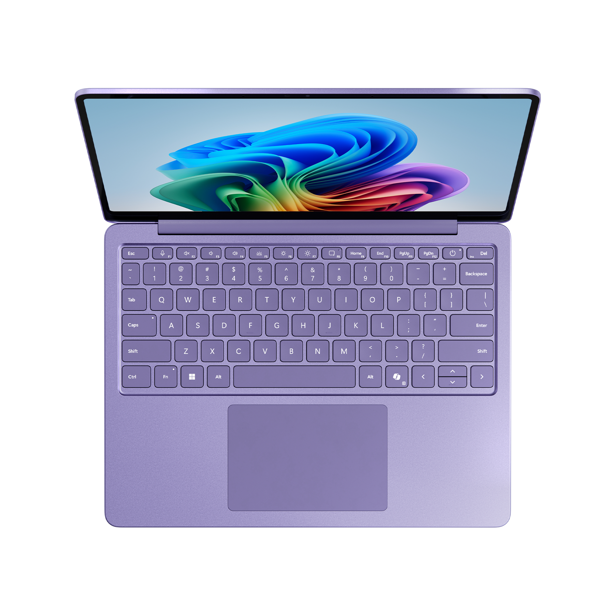 Lila Laptop, von oben, geöffnet, mit Tastatur, Touchpad und farbenfrohem Bildschirm.