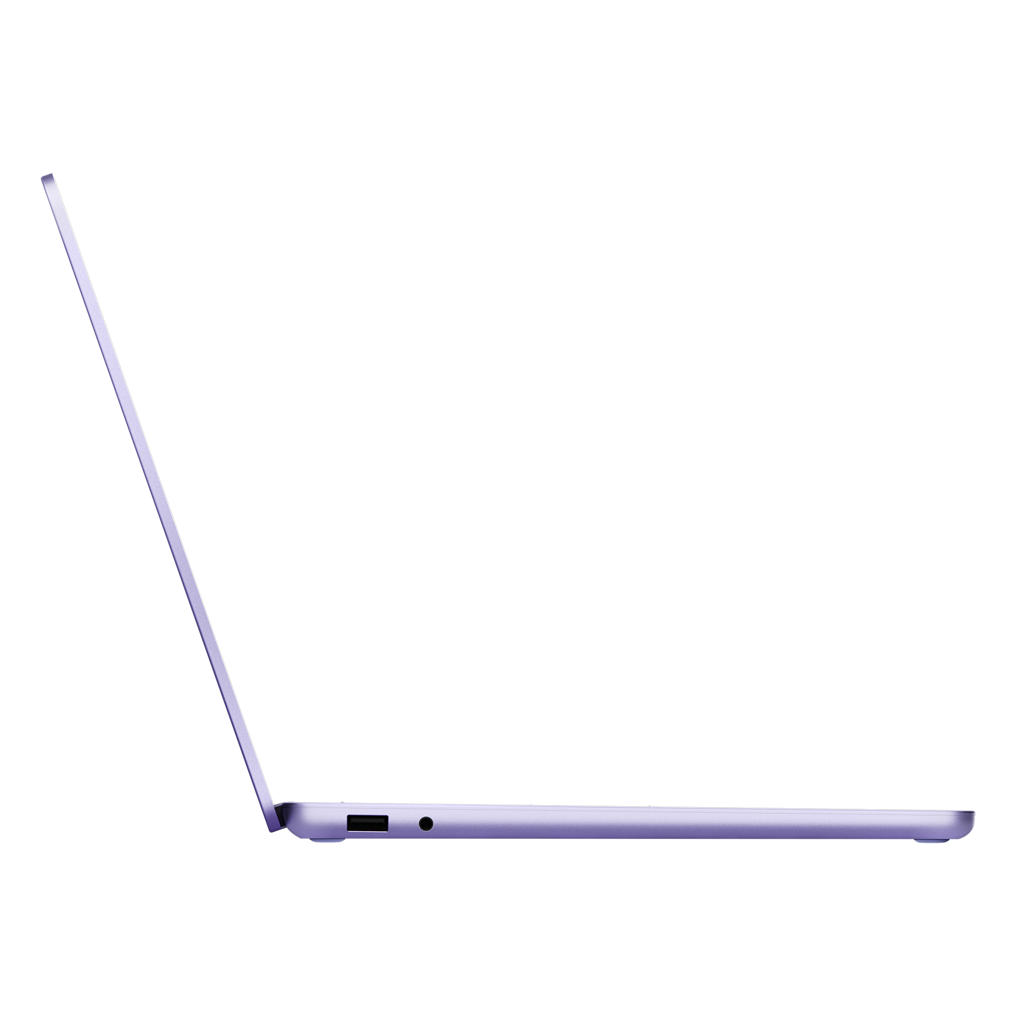 Lila Laptop-Profil, geöffnet. Die Seite zeigt Anschlüsse und einen USB-Anschluss.
