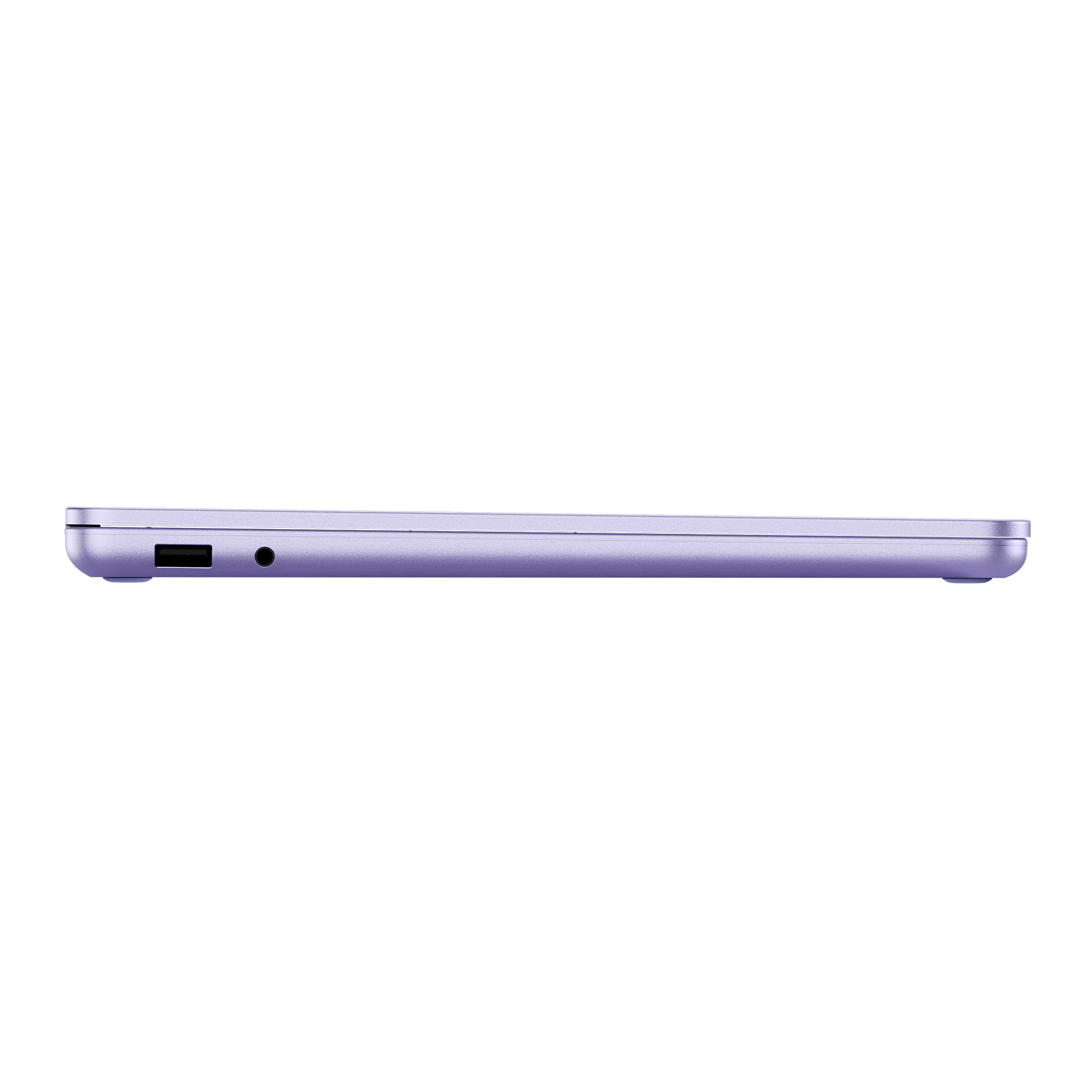 Lila Laptop-Profil, geschlossen. Die Seite zeigt Anschlüsse und einen USB-Anschluss.
