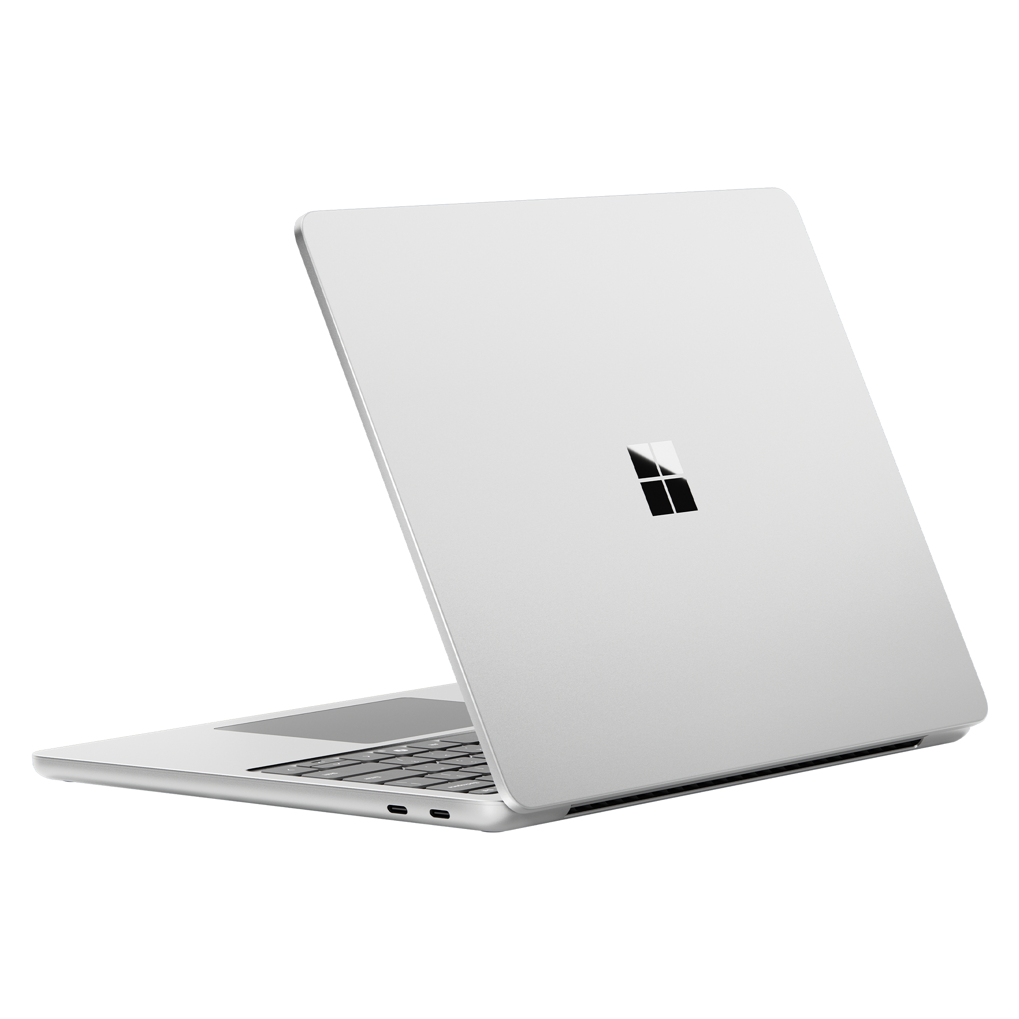 Grauer Laptop, Rückseite, mit Logo und leicht geöffnet.
