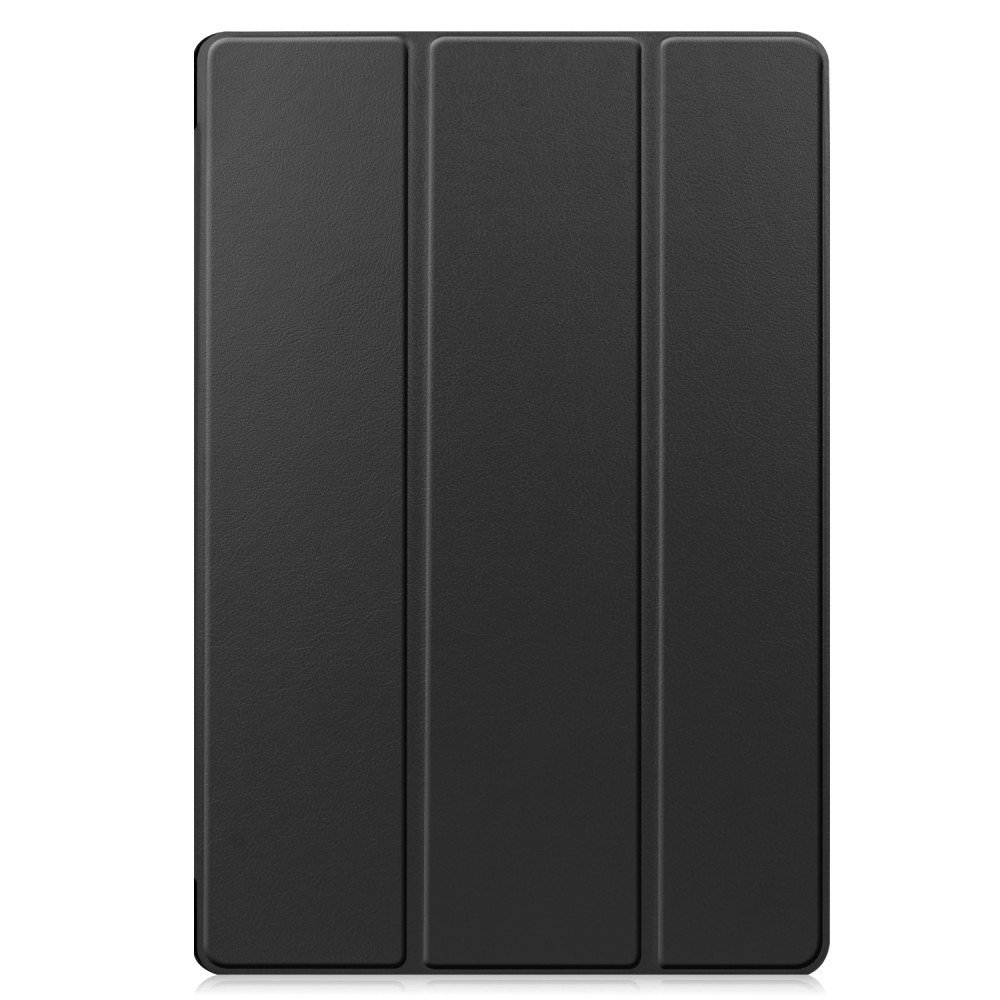 Egy zárt fekete tablet tok, három függőleges hajtással.