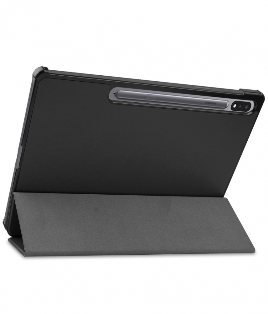 Egy fekete tablet tok, amely egy tablet tollat tart, és fel van támasztva, hogy tartsa a tabletet.