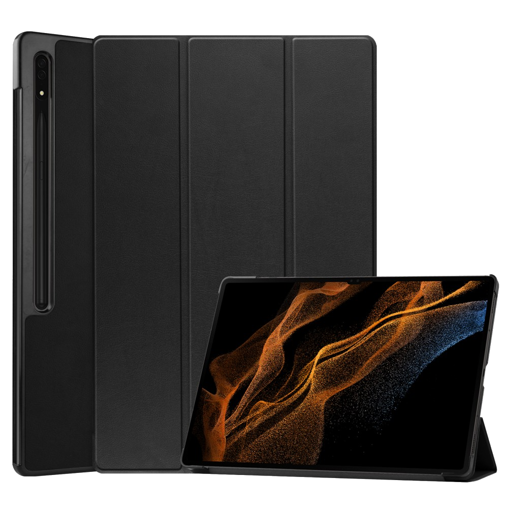 Egy fekete tablet tokkal, ceruzával és kijelzővel, nyitva egy asztalon.