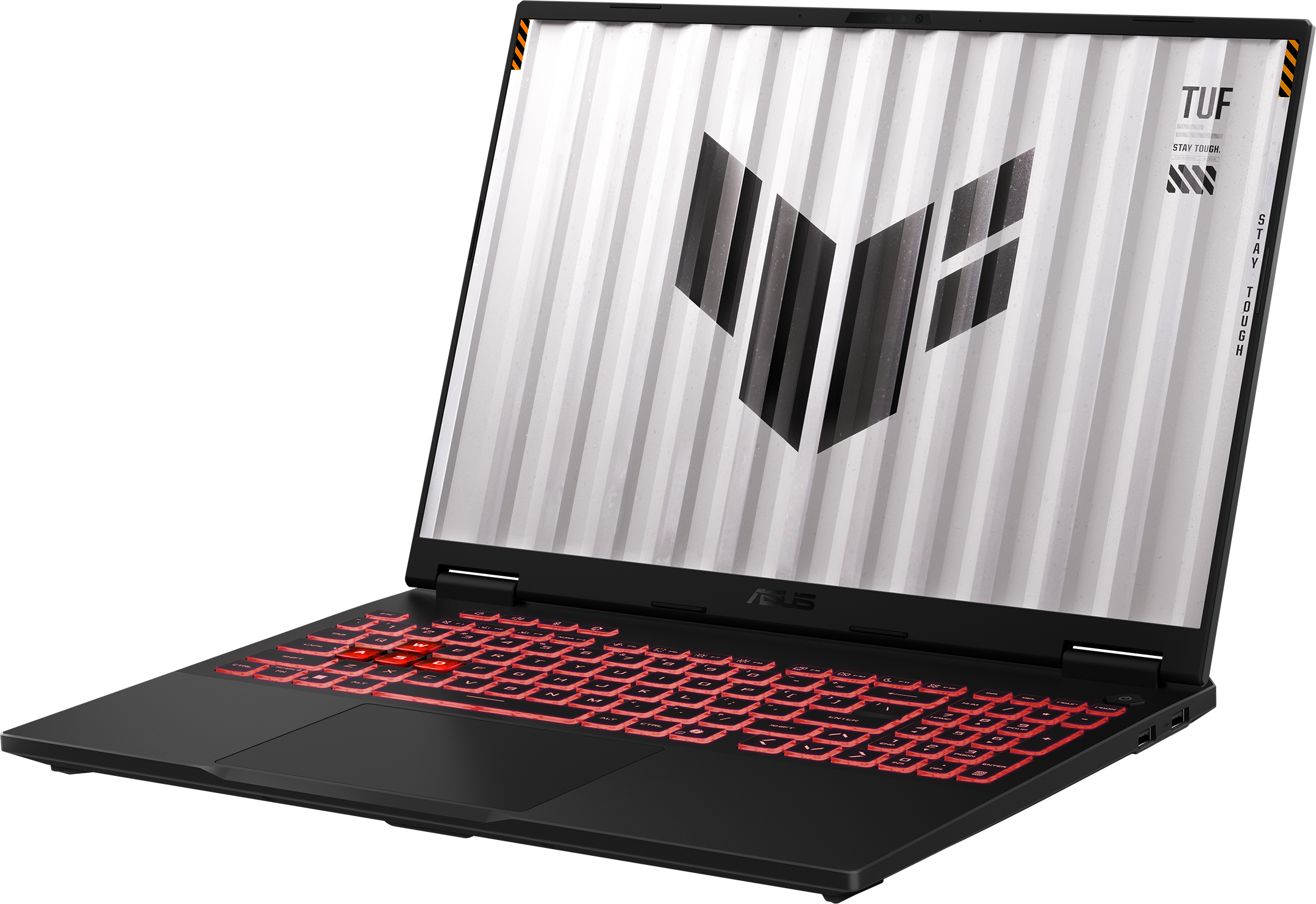 Un ordinateur portable noir avec un éclairage rouge du clavier, ouvert en angle sur fond noir.