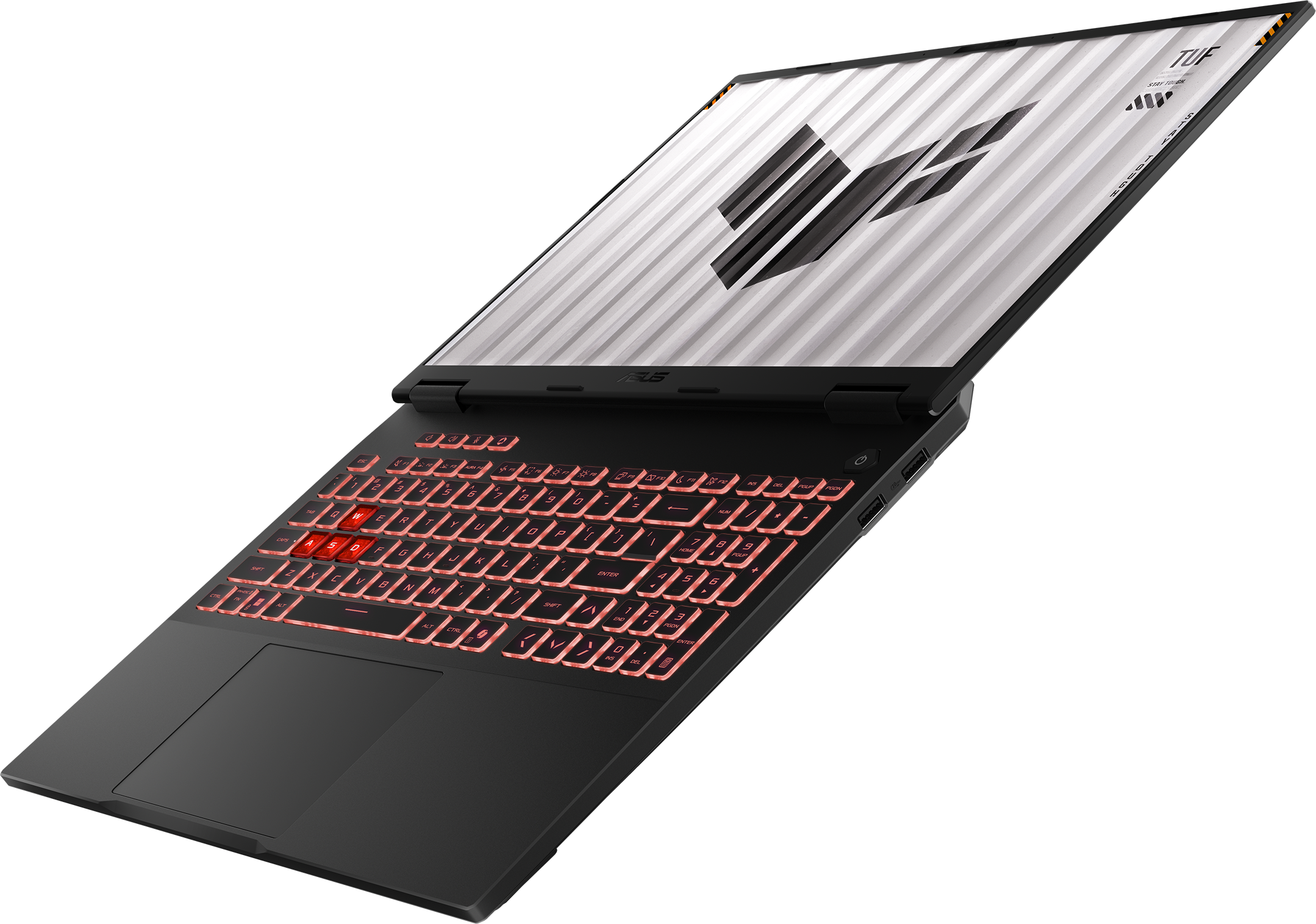 Un ordinateur portable noir avec un éclairage rouge du clavier, presque entièrement ouvert, sur fond noir.