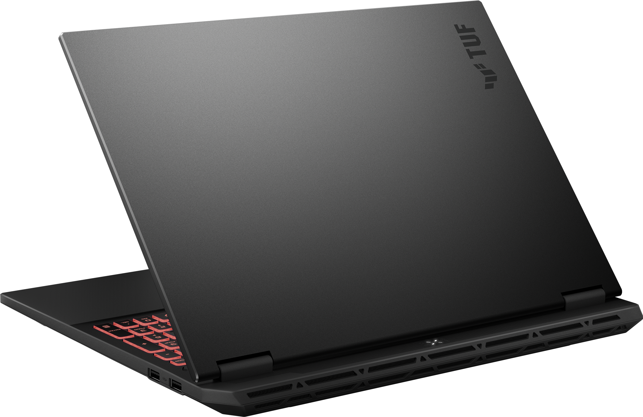 Ordinateur portable noir, légèrement ouvert, logo TUF sur le couvercle. Rétroéclairage rouge du clavier, fond noir.