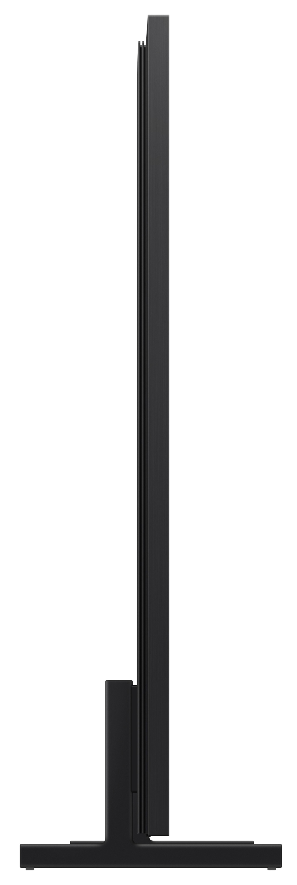 Widok z boku czarnego telewizora na czarnym stojaku. Ekran jest smukły, a design minimalistyczny.