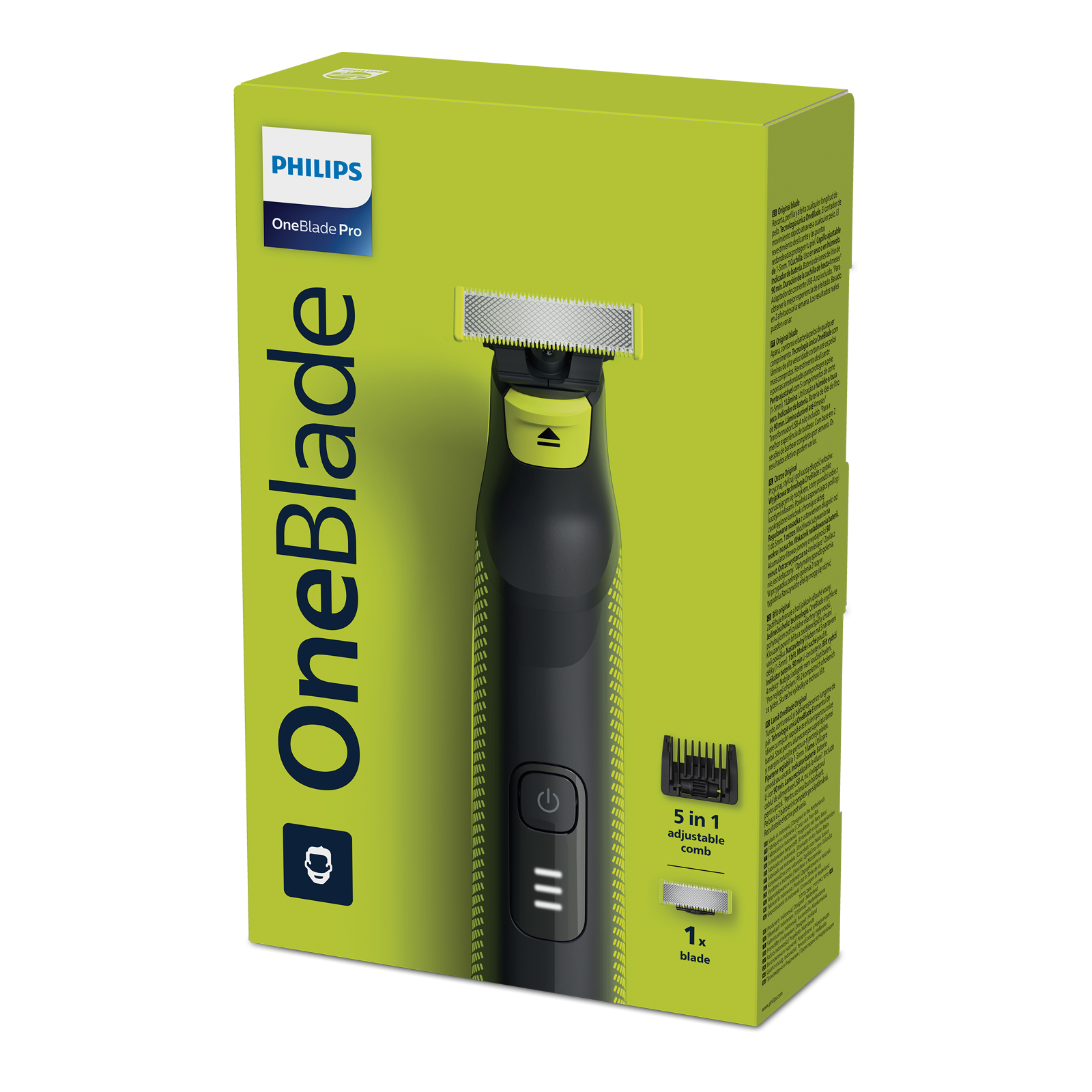 Embalaje del Philips OneBlade Pro. Se muestra el producto y sus características. Fondo verde.