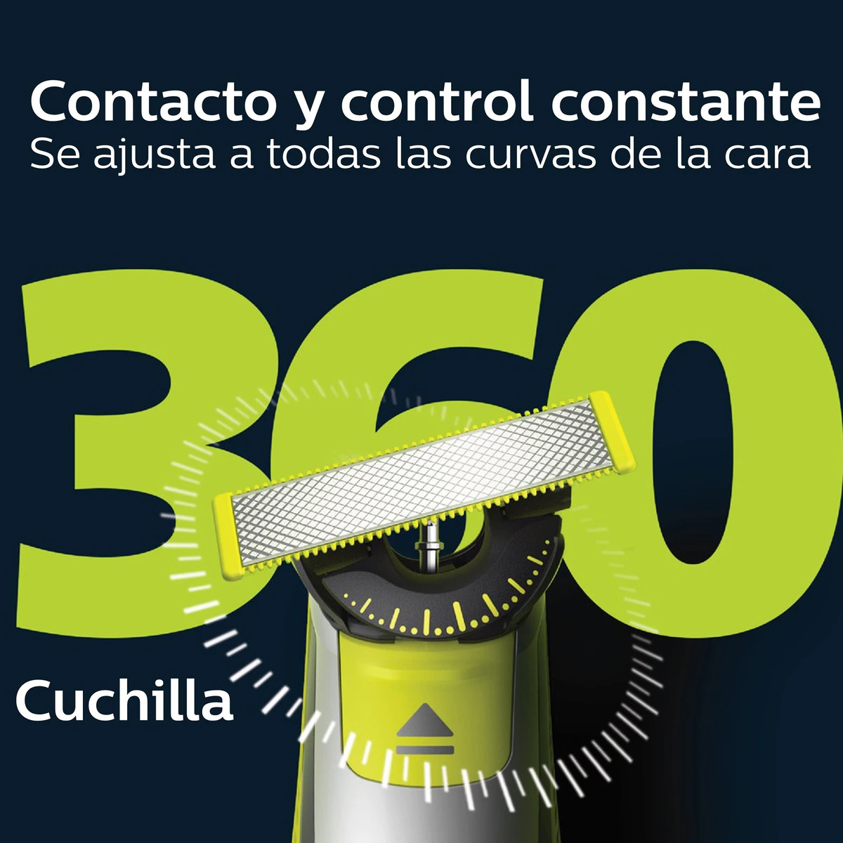 Una afeitadora verde con una cuchilla amarilla, rodeada de dígitos y texto verdes de 360 grados.