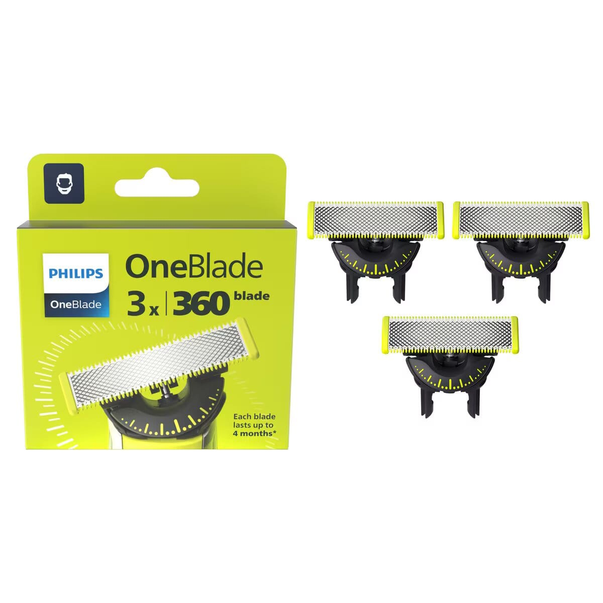 Cuchillas de repuesto y caja Philips OneBlade. Las cuchillas tienen detalles amarillos y plateados. La caja es verde con texto blanco.