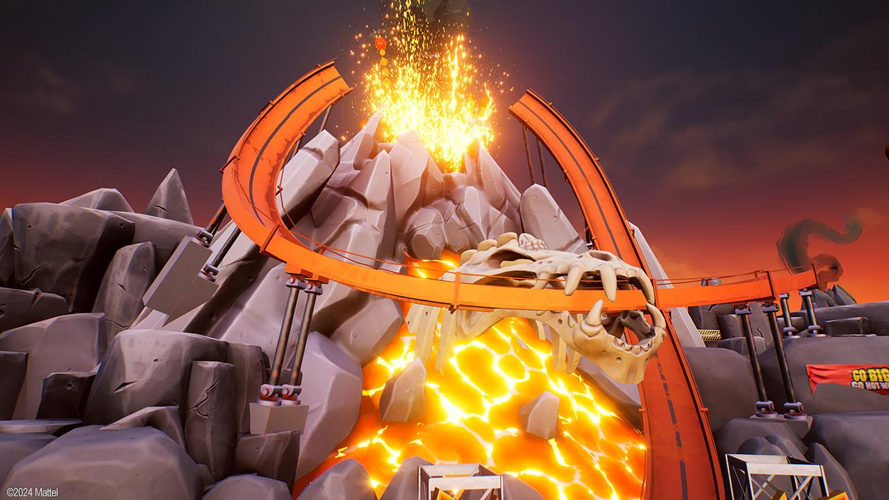 Eine Rennstrecke mit einem Vulkan im Hintergrund, der Lava und Feuer spuckt.