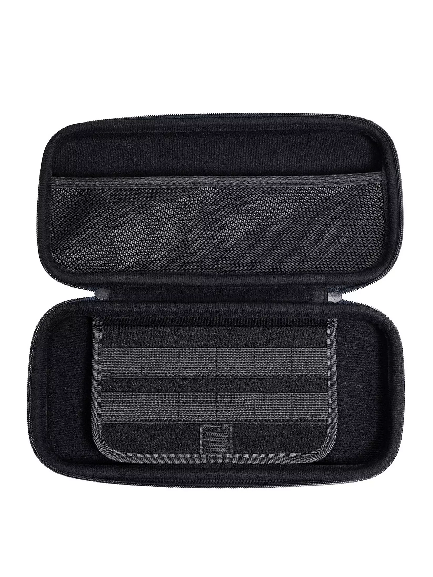 Czarna, otwarta torba transportowa z przegrodą i uchwytami na akcesoria.