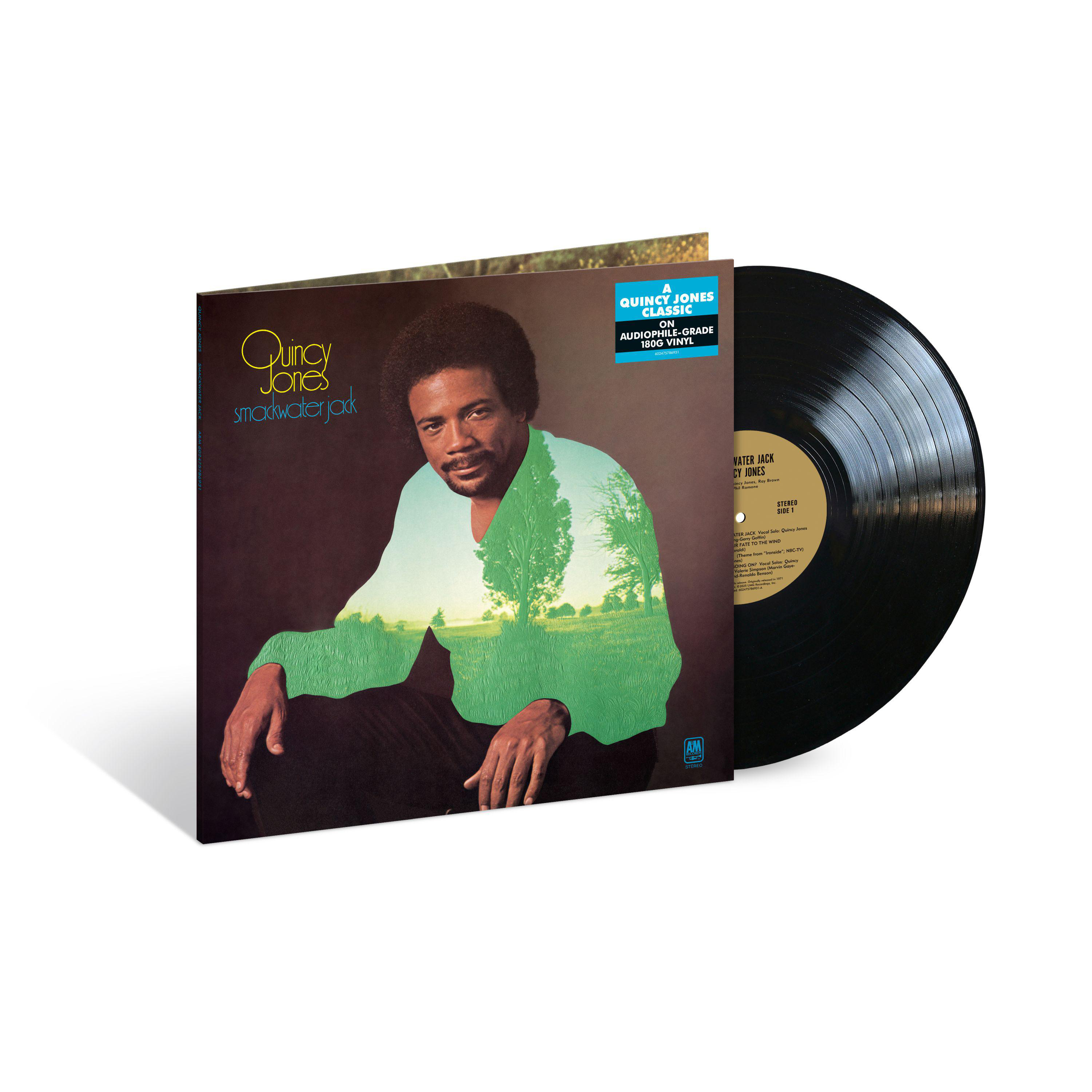 Vinyl-Schallplatten-Cover mit Quincy Jones und dem Titel 'Smackwater Jack'. Ein Mann sitzt vor einer grünen Landschaft.