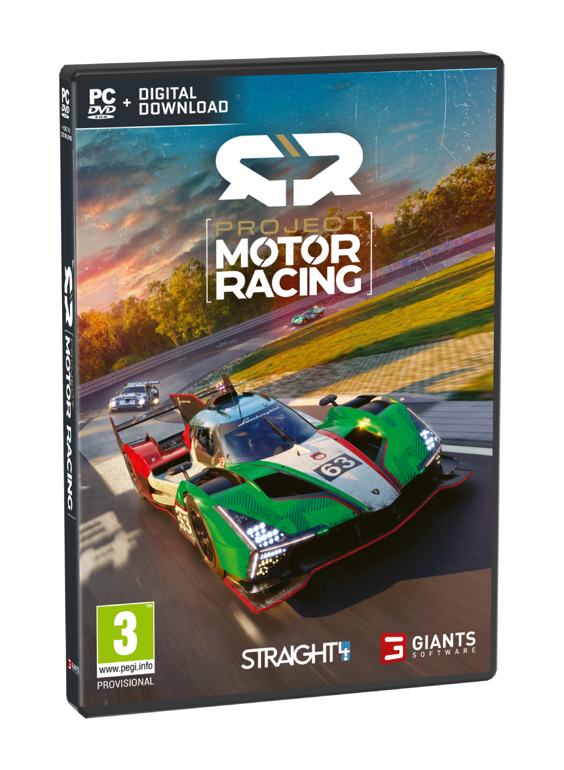 Portada de juego para PC con un coche de carreras verde en una pista. Logotipo de Project Motor Racing.