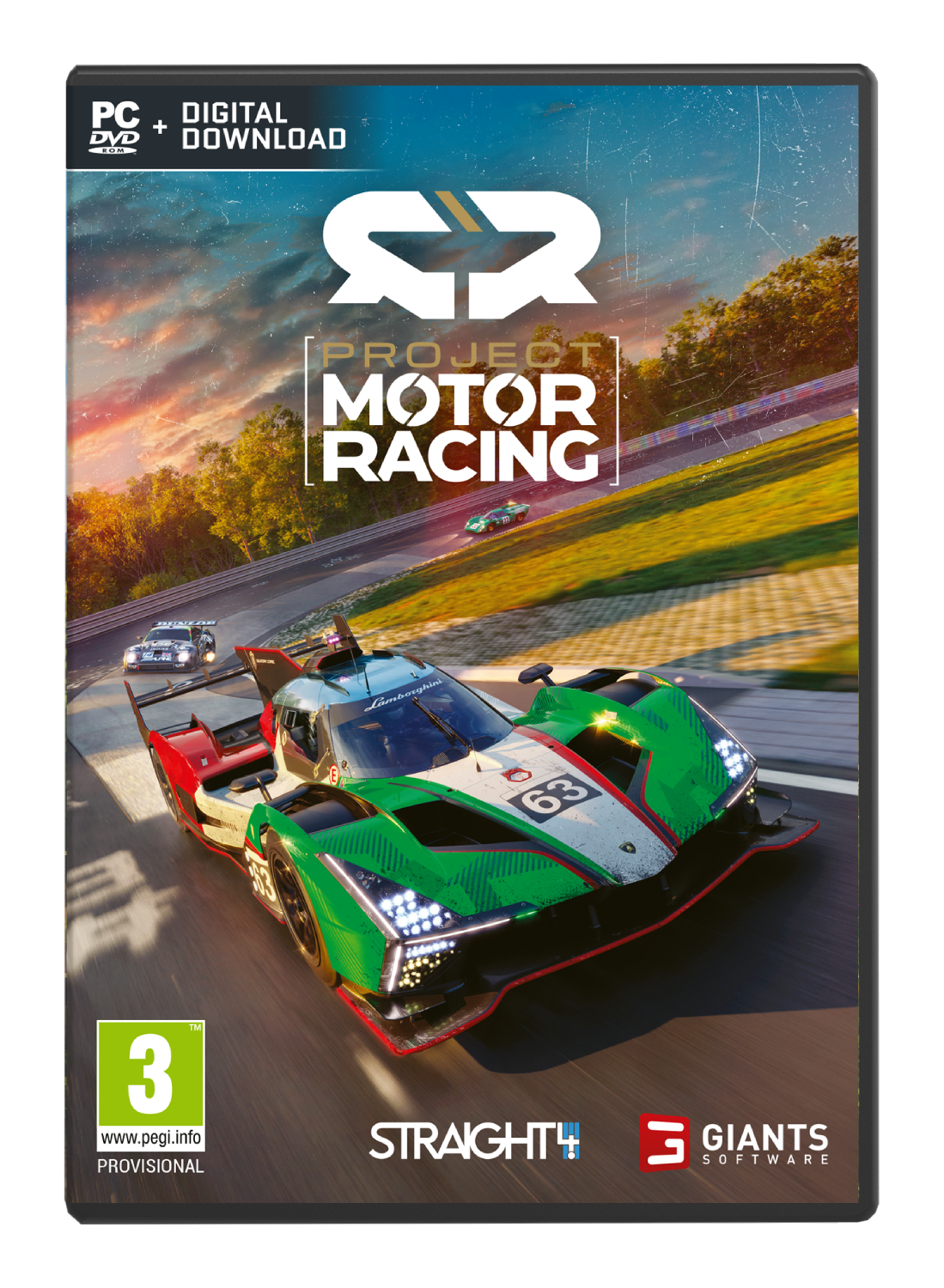 Portada de juego para PC con un coche de carreras verde en una pista. Logotipo de Project Motor Racing.