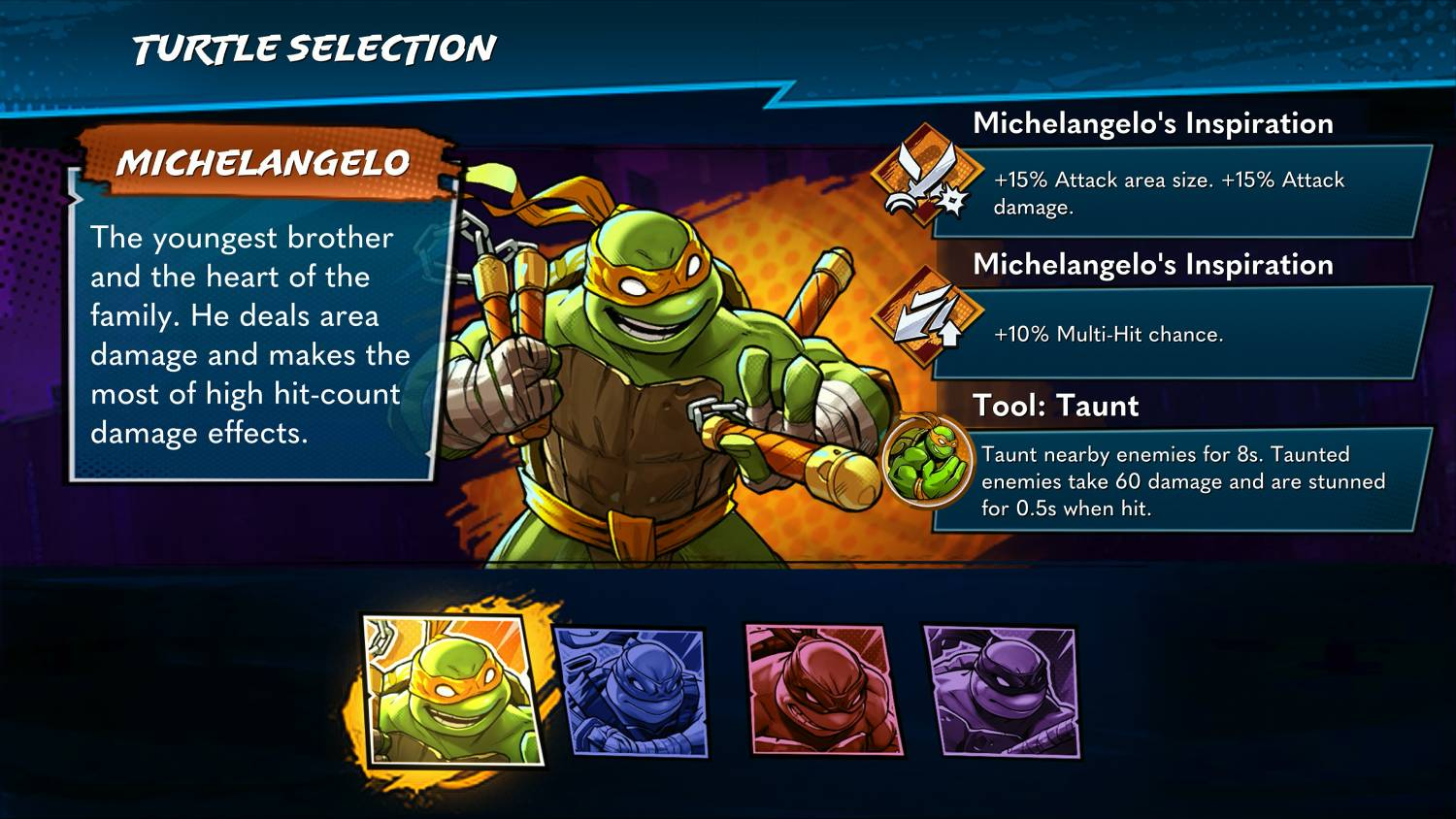 Michelangelo, una tortuga, con sus habilidades y herramientas en un juego.