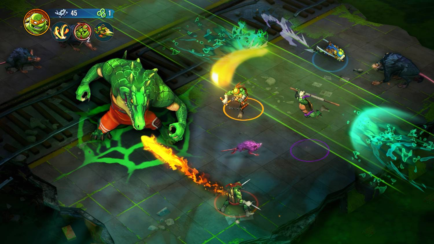 Escena de batalla con tortugas luchando contra un enemigo cocodrilo en un juego.