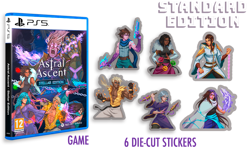 Portada del juego PS5: Astral Ascent, Stellar Edition, con 6 pegatinas troqueladas. Muestra personajes en varias poses y atuendos.
