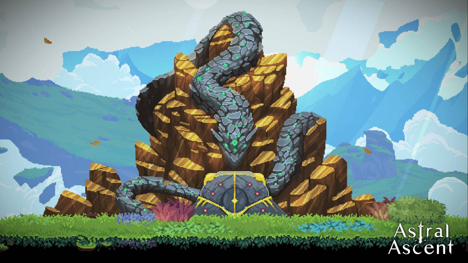 Paisaje de arte pixelado con una serpiente sobre una roca, rodeada de colinas verdes, nubes y un cielo azul.