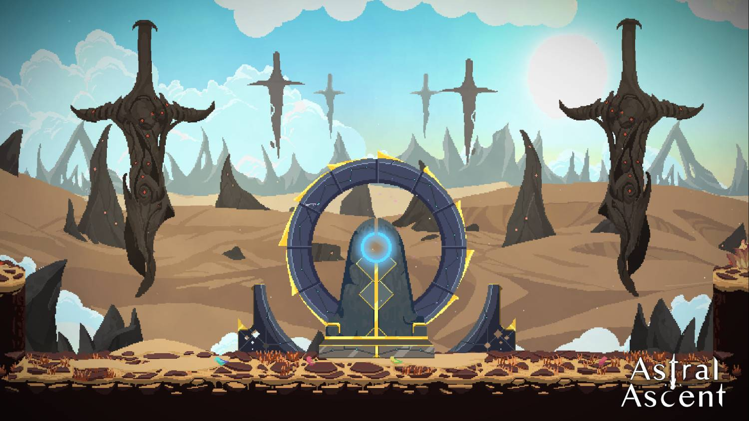 Escena de pixel art con espadas, portal y desierto. El cielo es azul y soleado.
