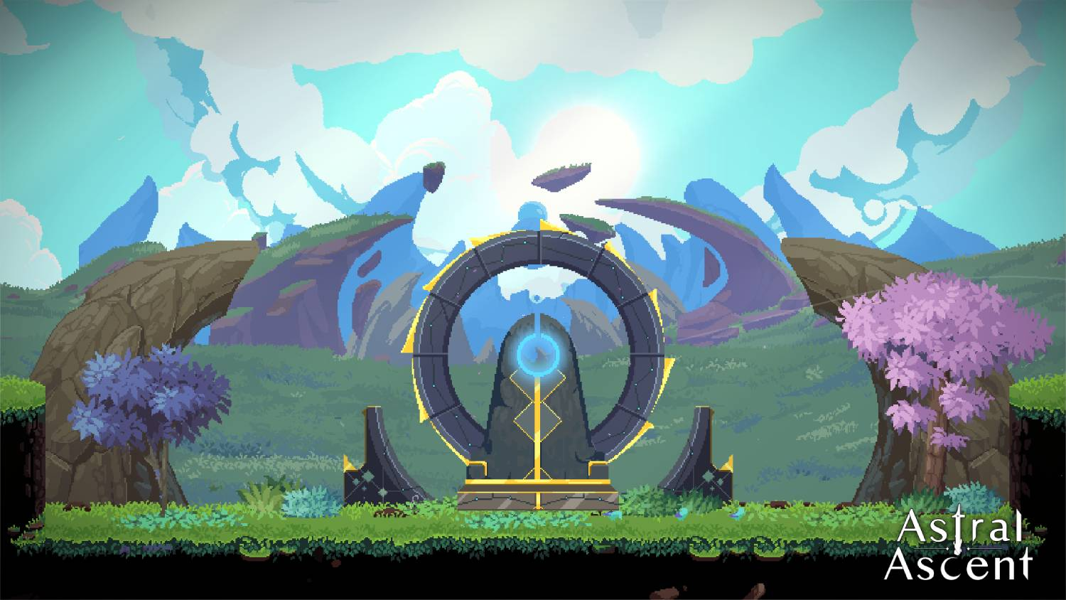 Escena de píxeles con una puerta, árboles y hierba verde. El cielo es azul y soleado.