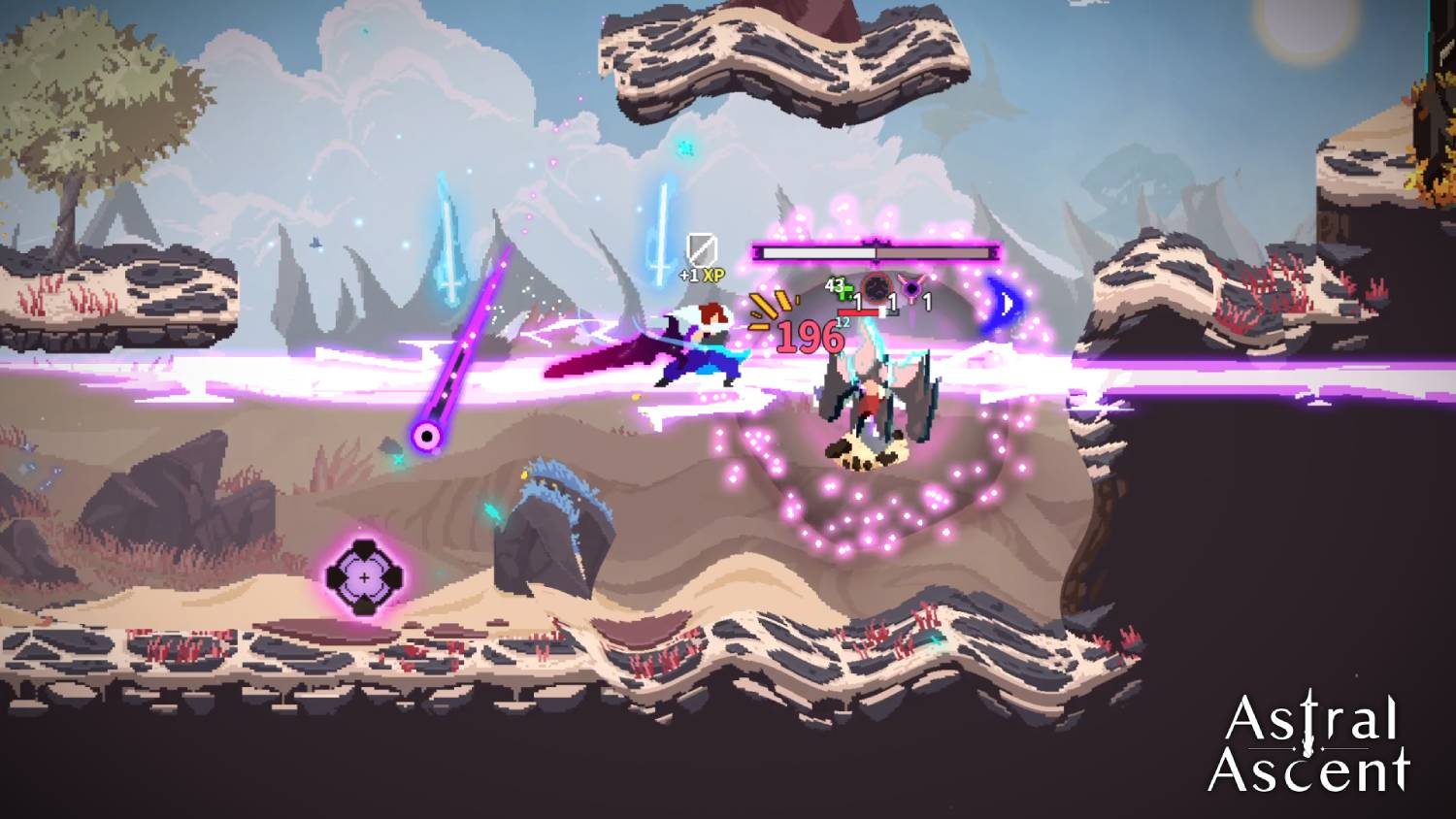 Escena de combate pixelado con un personaje atacando, con un enemigo y efectos.