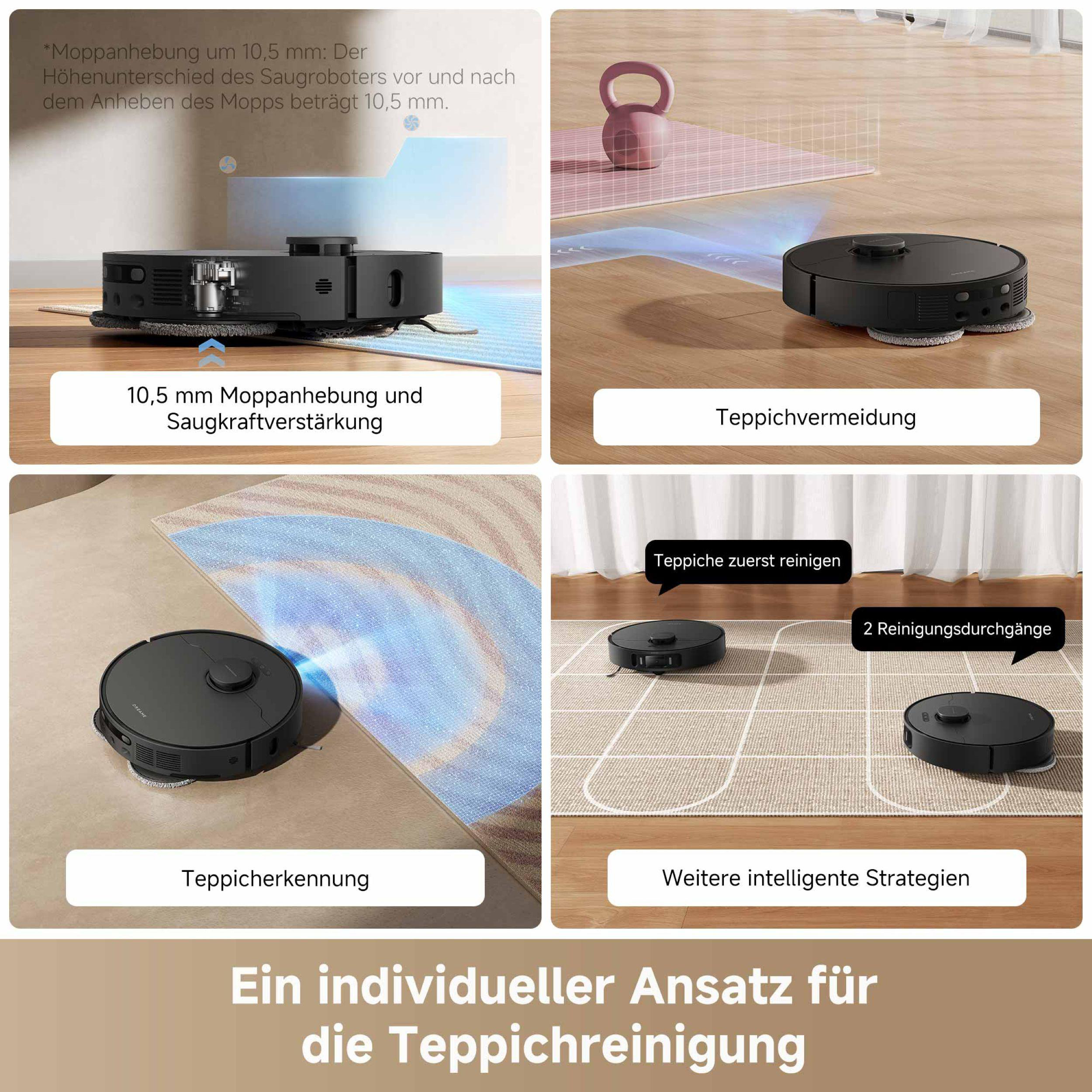 Der Roboter hebt sich um 10,5 mm: Der Höhenunterschied des Saugroboters vor und nach dem Anheben des Mopps beträgt 10,5 mm.