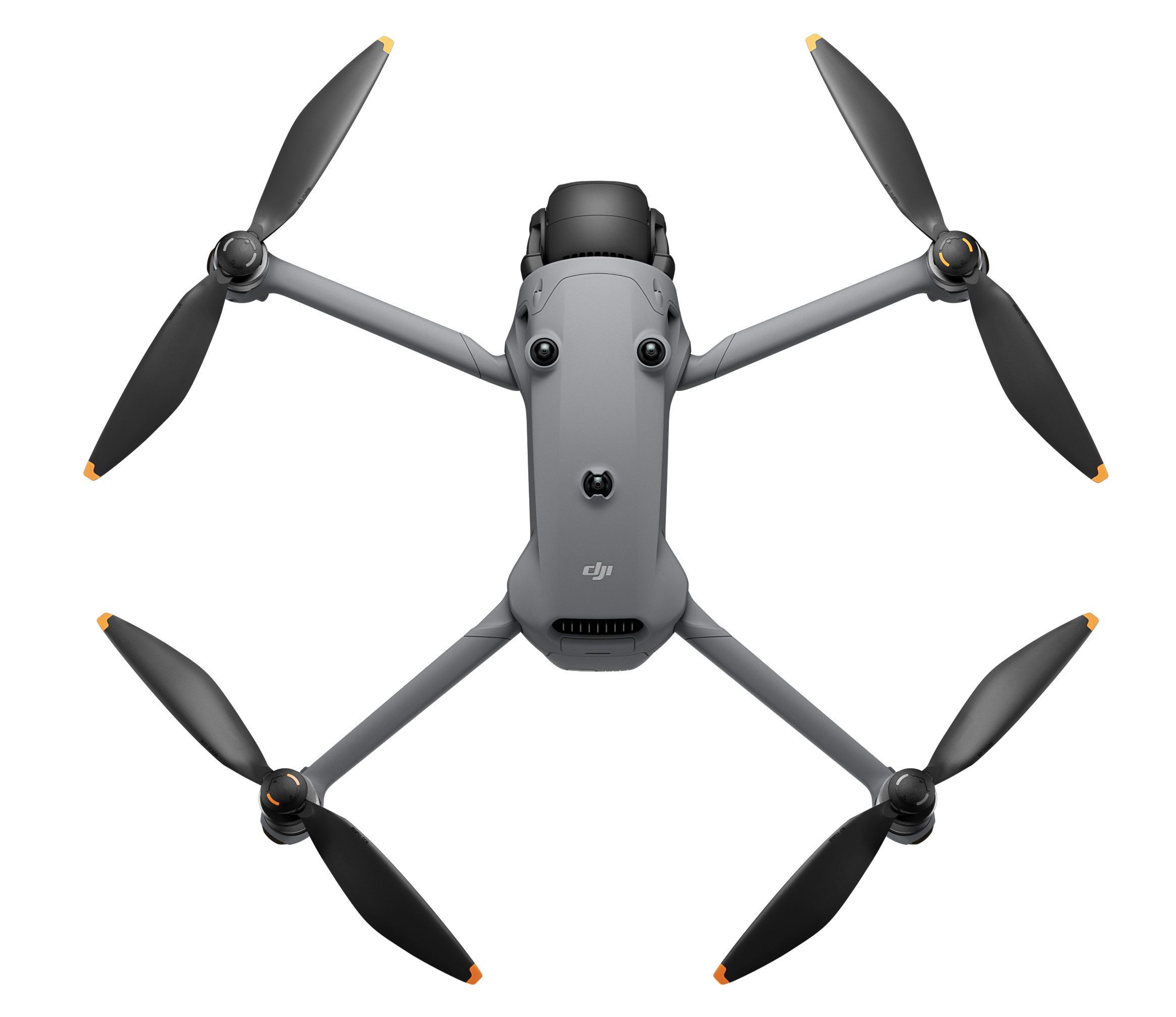 Widok z góry na szarego drona z czarnymi śmigłami, pomarańczowymi końcówkami, na białym tle.