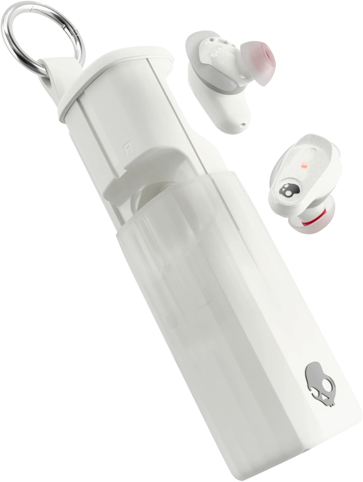 Fehér Skullcandy fülhallgató fehér, átlátszó tartóban, kulcstartóval.