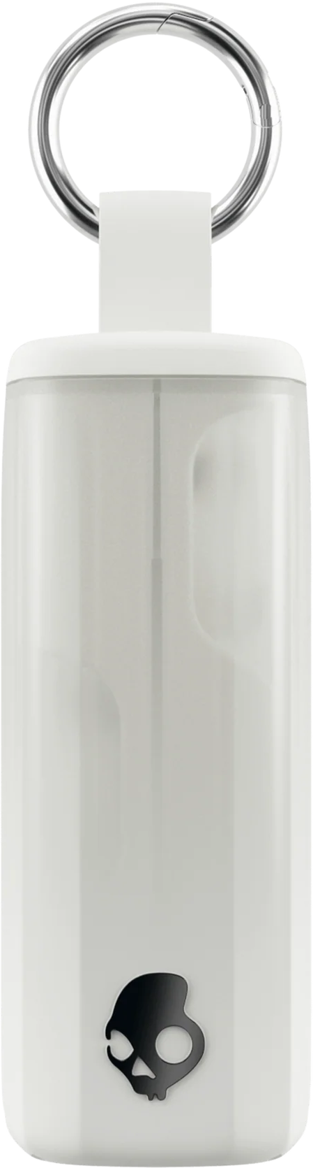Fehér Skullcandy tartó fekete logóval és kulcstartóval fehér háttéren.