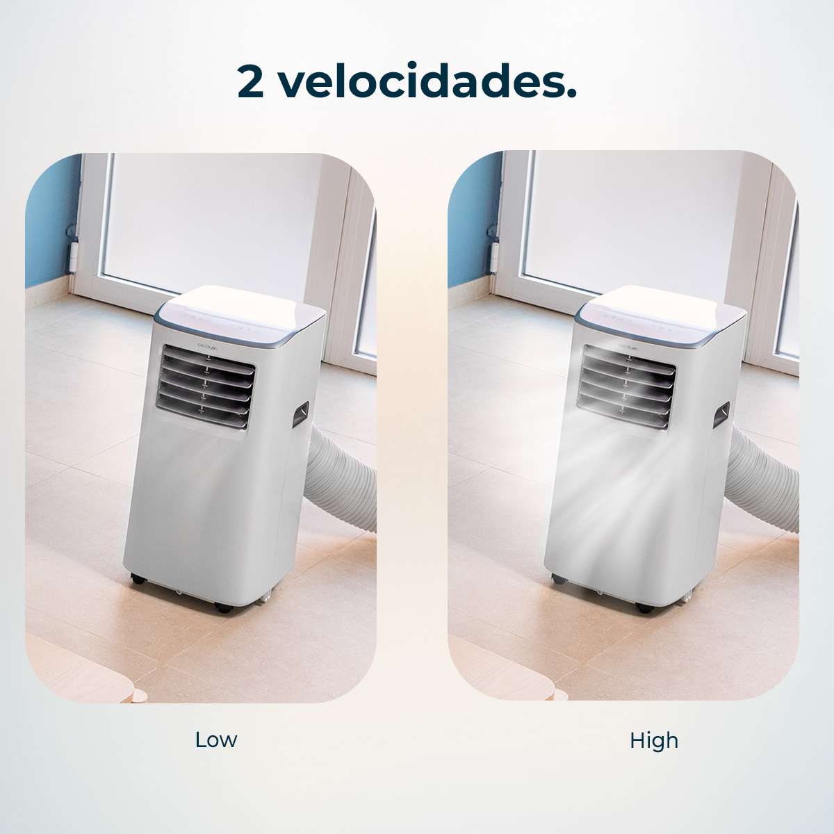 Dos aires acondicionados portátiles. Texto: 2 velocidades, Baja, Alta.