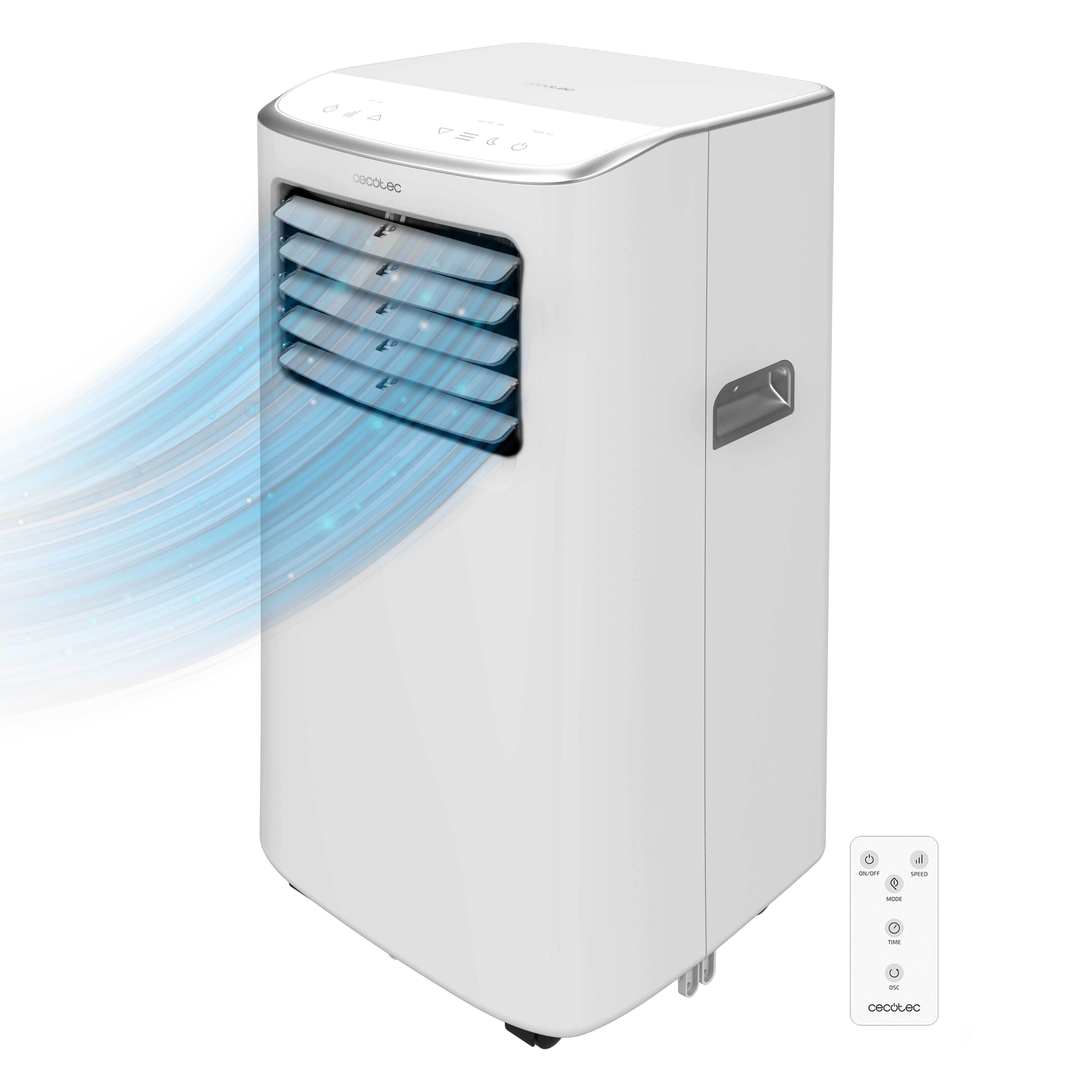 Torre de aire acondicionado blanca que emite aire azul. Las escrituras dicen: Cecotec, On/Off, Speed, Mode, Fan, Timer, Swing.