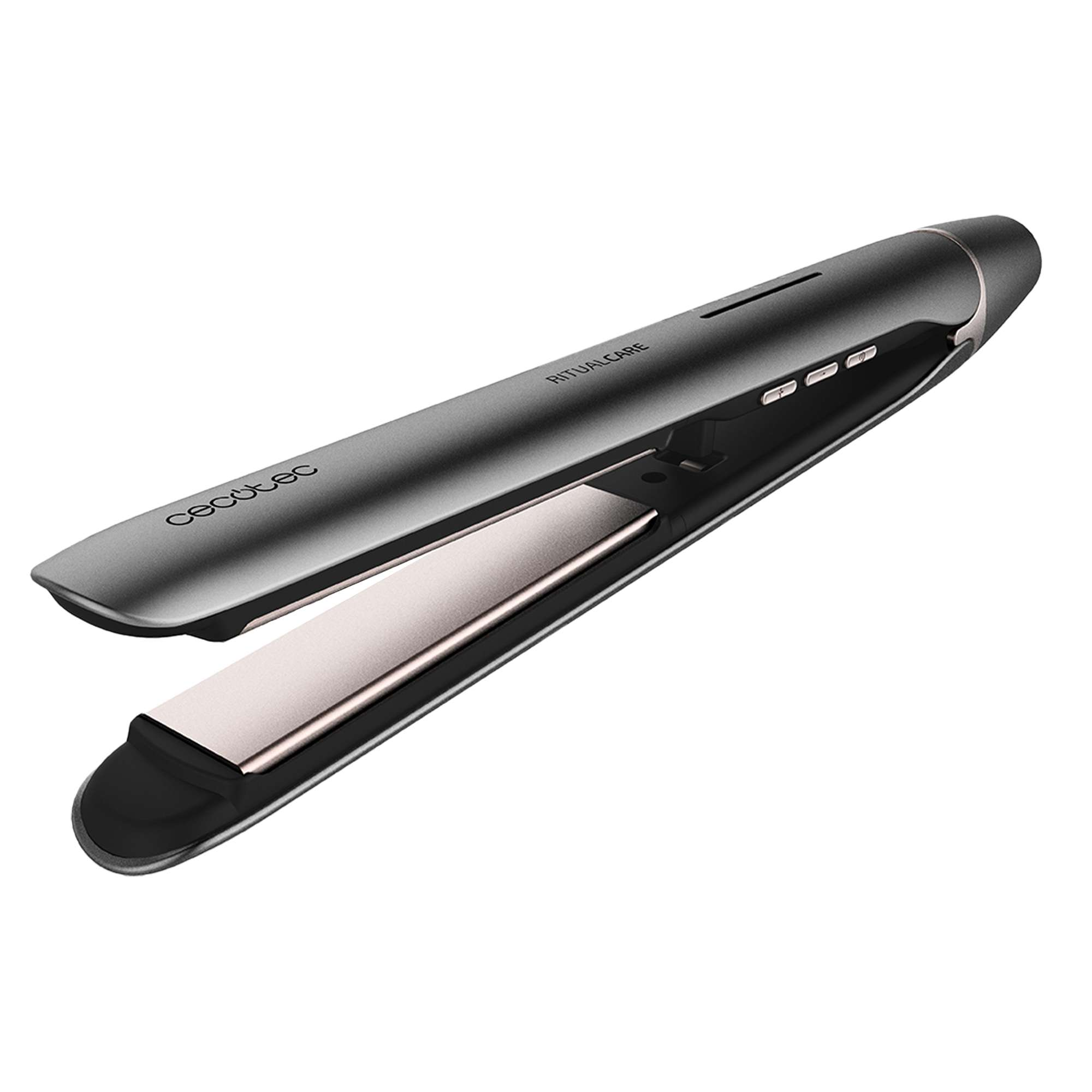 Szara prostownica do włosów leży na powierzchni. Napisy brzmią: Cecotec, RitualCare.