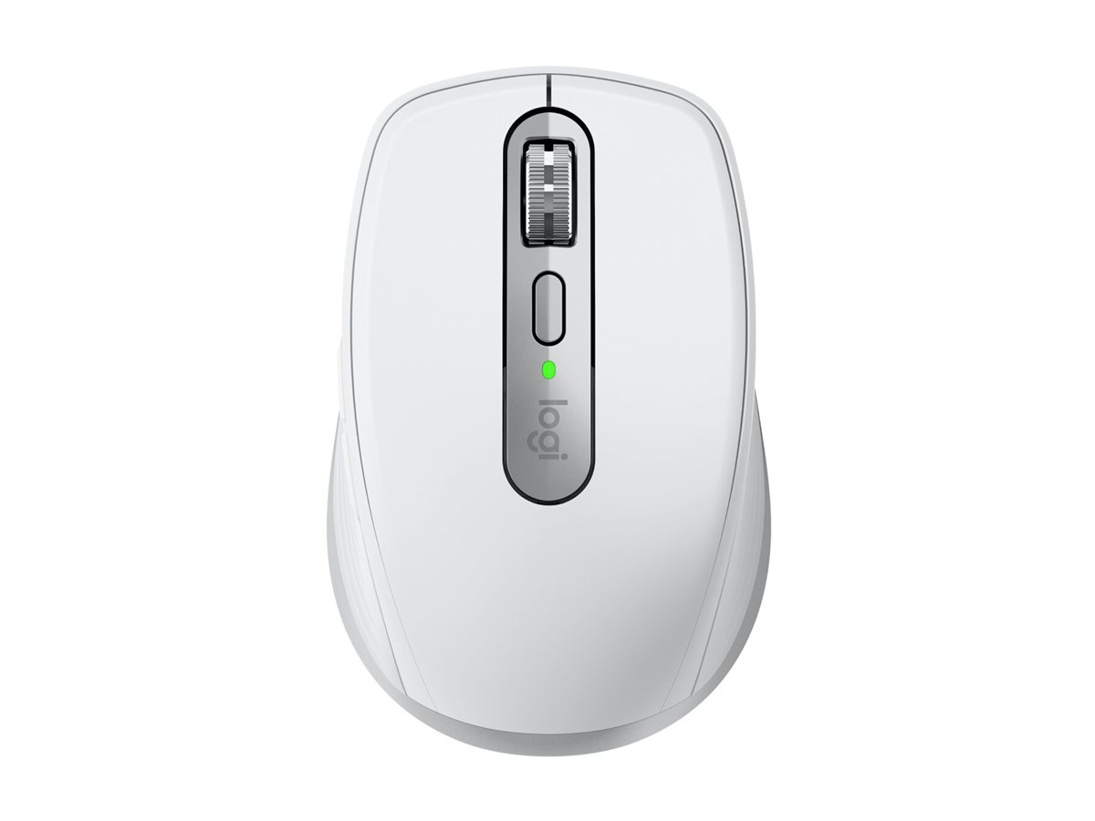 Weiße Logitech-Maus. Verfügt über ein Scrollrad, Tasten und eine grüne Kontrollleuchte. Das Logo ist sichtbar.