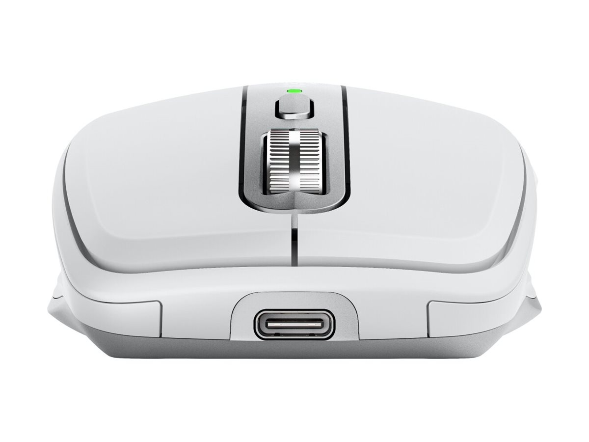 Eine weiße Computermaus. Sie hat ein Scrollrad, einen USB-C-Anschluss und eine Kontrollleuchte.