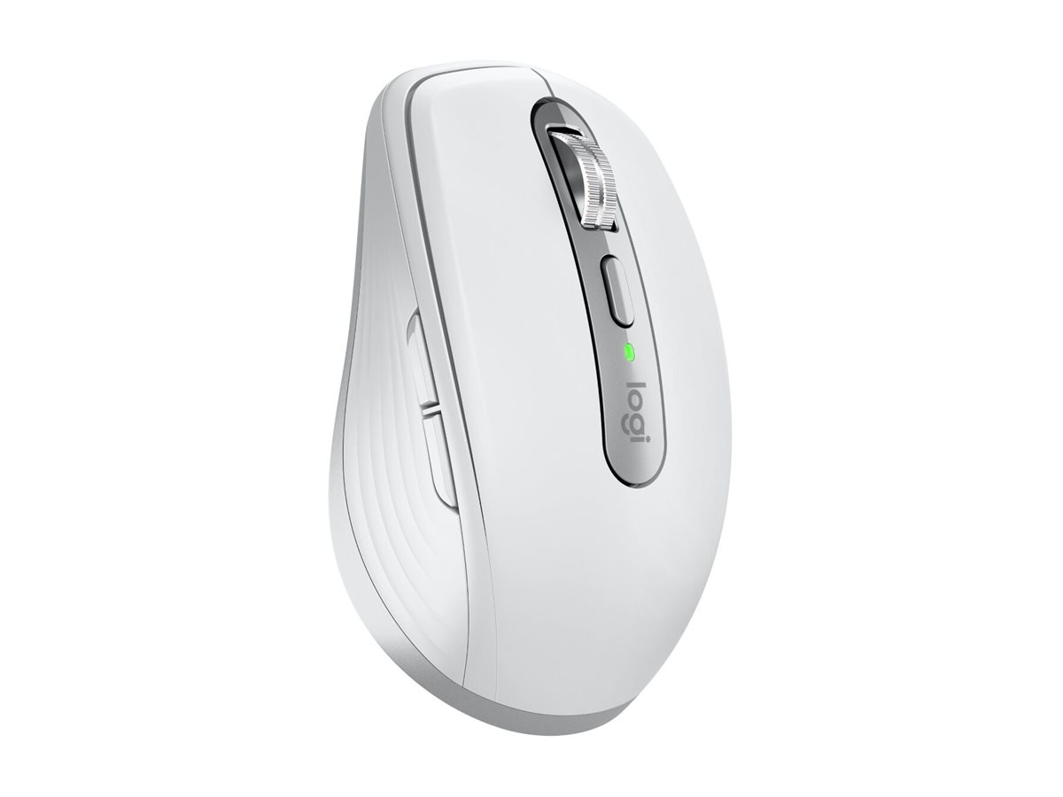 Weiße Logitech-Maus. Silberne Scrollrad und Akzente. Grüne Betriebsanzeige. Logo: Logi.