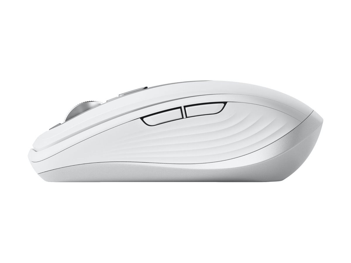Weiße, kabellose Computermaus. Merkmale sind Scrollrad, Tasten und ein geschwungenes Design.