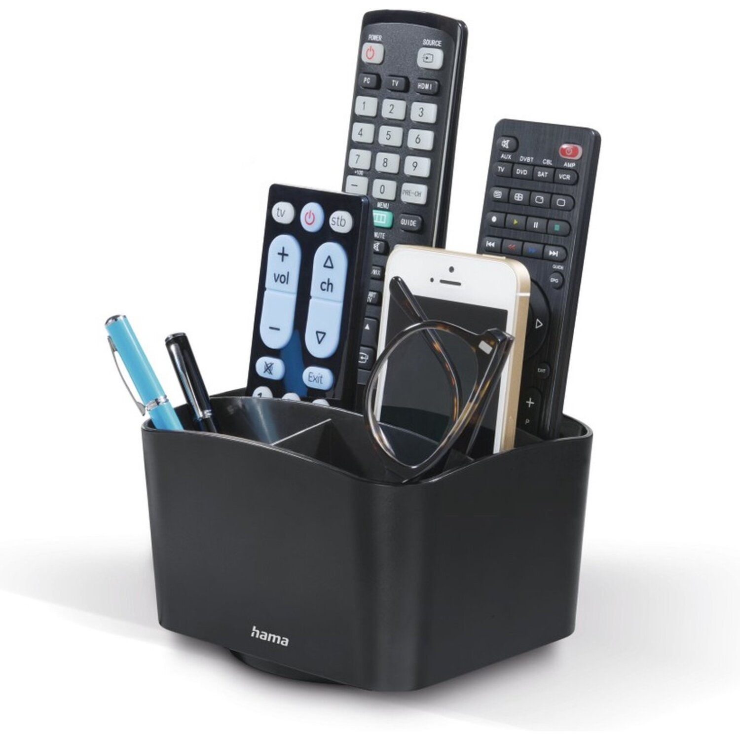 A black organizer holds remotes, a phone, glasses, and pens. The organizer is on a white surface. The brand name 'hama' is visible.