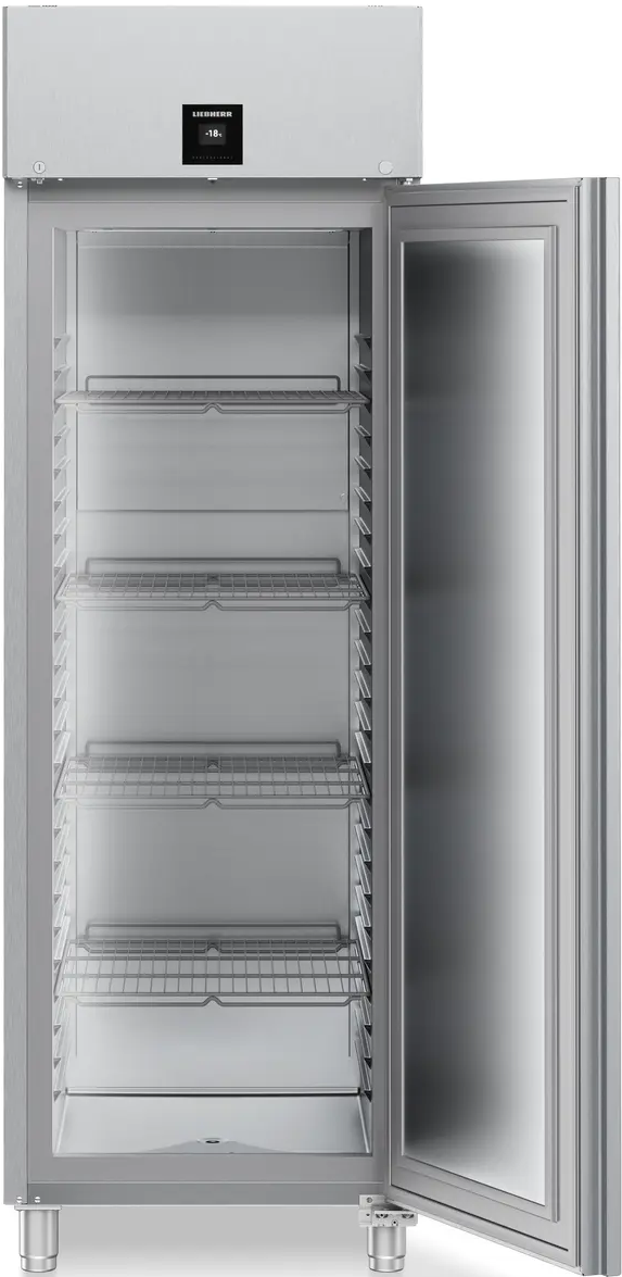 Ein geschlossener Kühlschrank aus Edelstahl mit einer Tür.