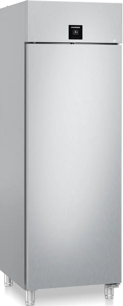 Ein geschlossener Kühlschrank aus Edelstahl mit einer Tür.