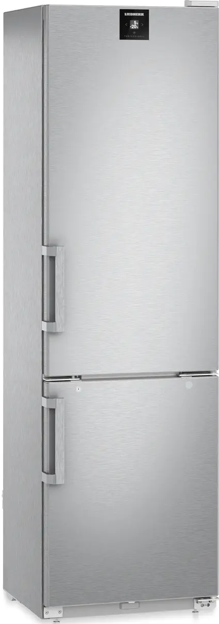 Silberner Kühlschrank mit zwei Türen. Liebherr-Logo oben.