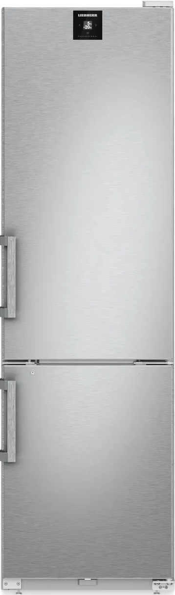 Silberner Kühlschrank mit zwei Türen. Liebherr-Logo oben.