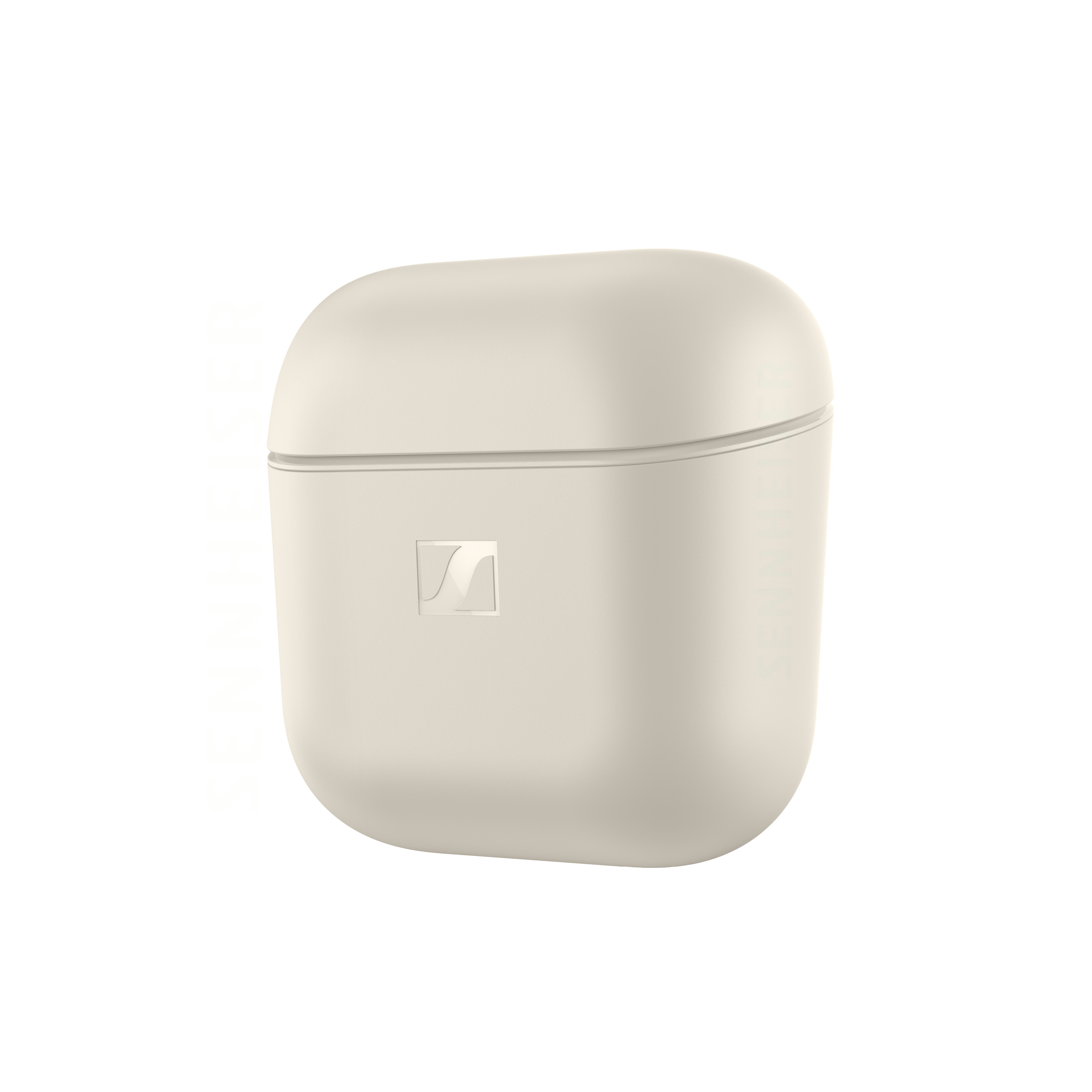 Beige Ladecase mit dem Sennheiser-Logo.