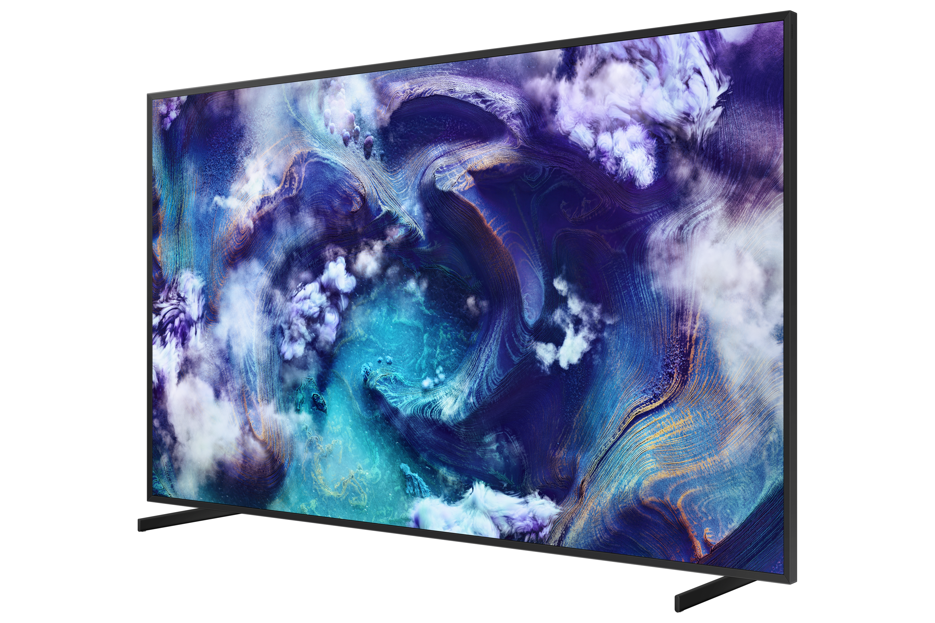 Ein schwarzer Fernseher mit farbenfrohem, abstraktem Hintergrund, leicht von der Seite gesehen.