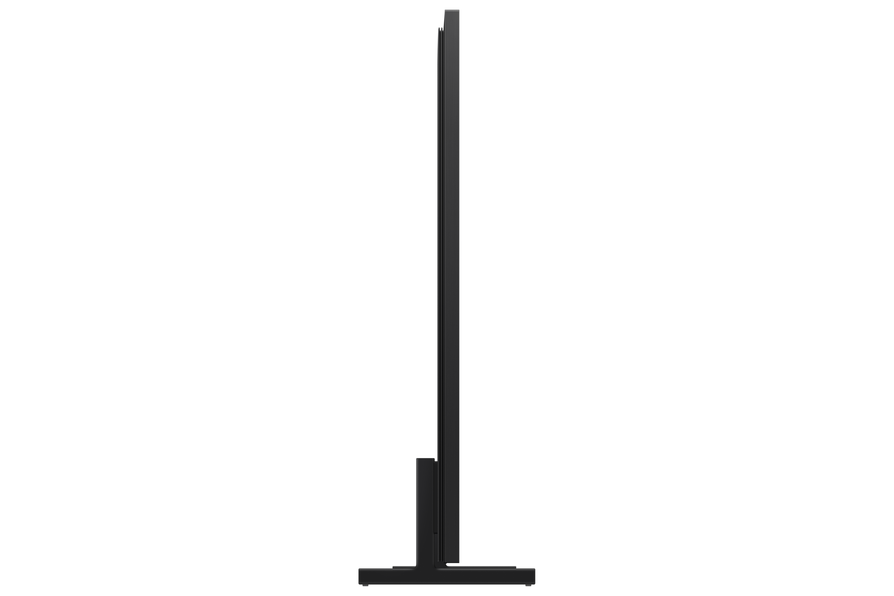Schwarzer Fernseher, Seitenansicht. Schlanker Rahmen, Standfuß.