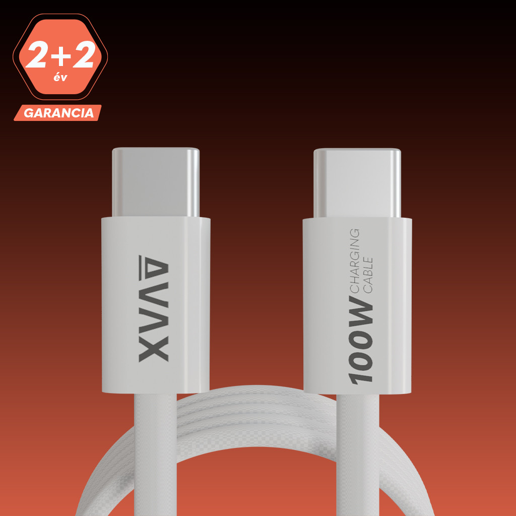 Két fehér USB-C töltőkábel. Az egyik kábelen az 'AVAX', a másikon a '100W Charging Cable' felirat látható. A bal felső sarokban egy garancia címke.