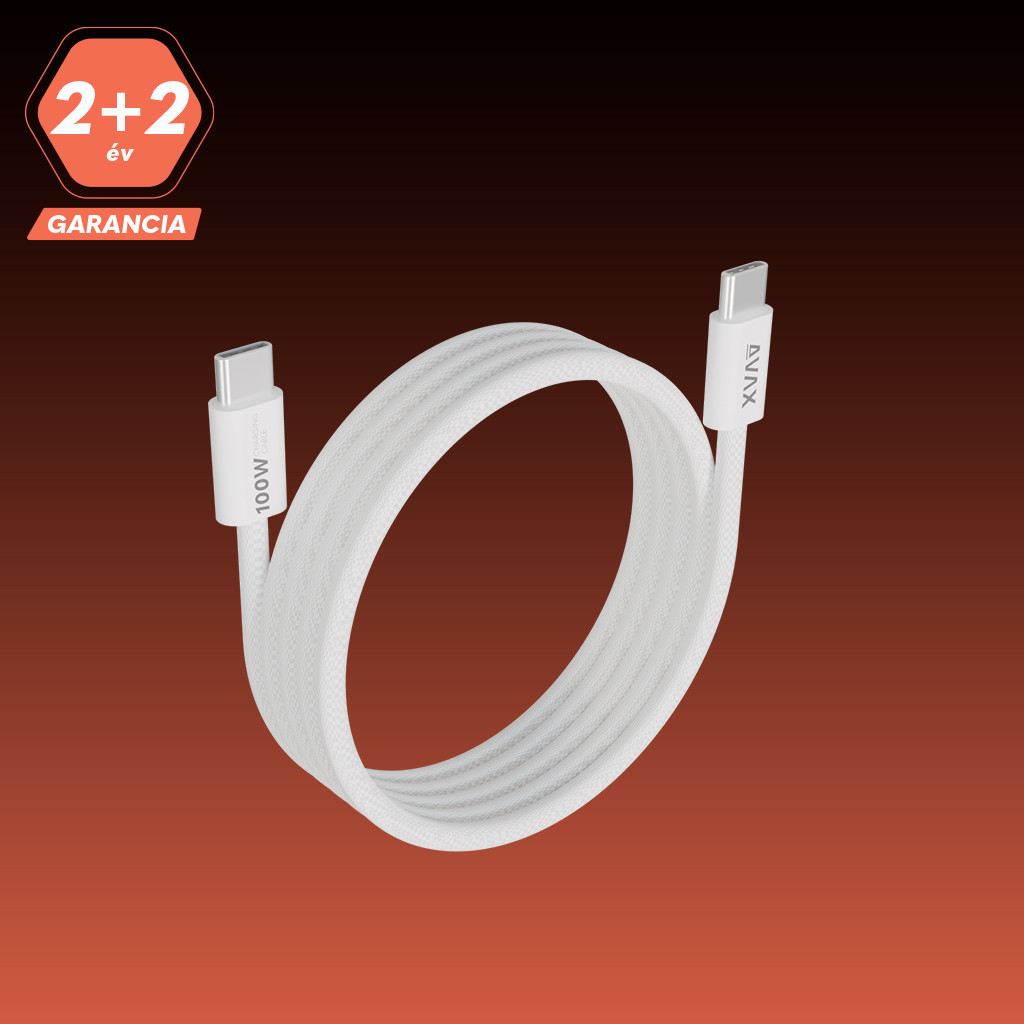 Fehér USB-C kábel, tekercsben, narancs-barna színátmenetes háttérrel. A bal felső sarokban egy garancia jelvény.