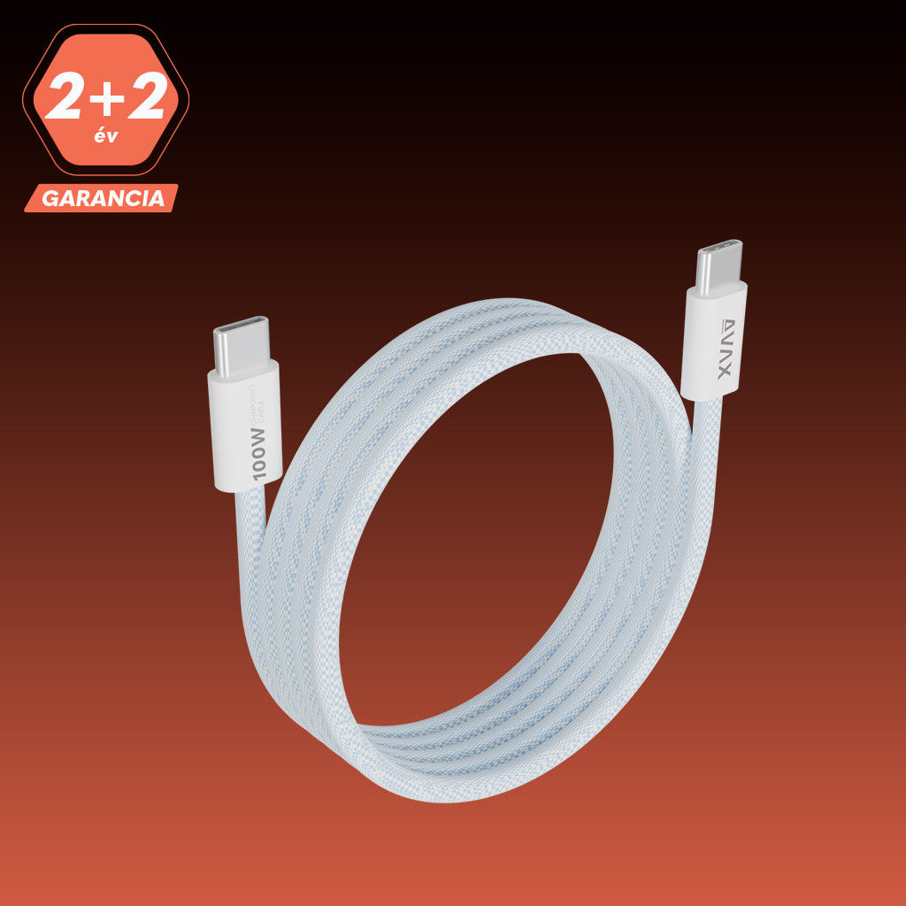 Fehér USB-C kábel piros háttérrel.