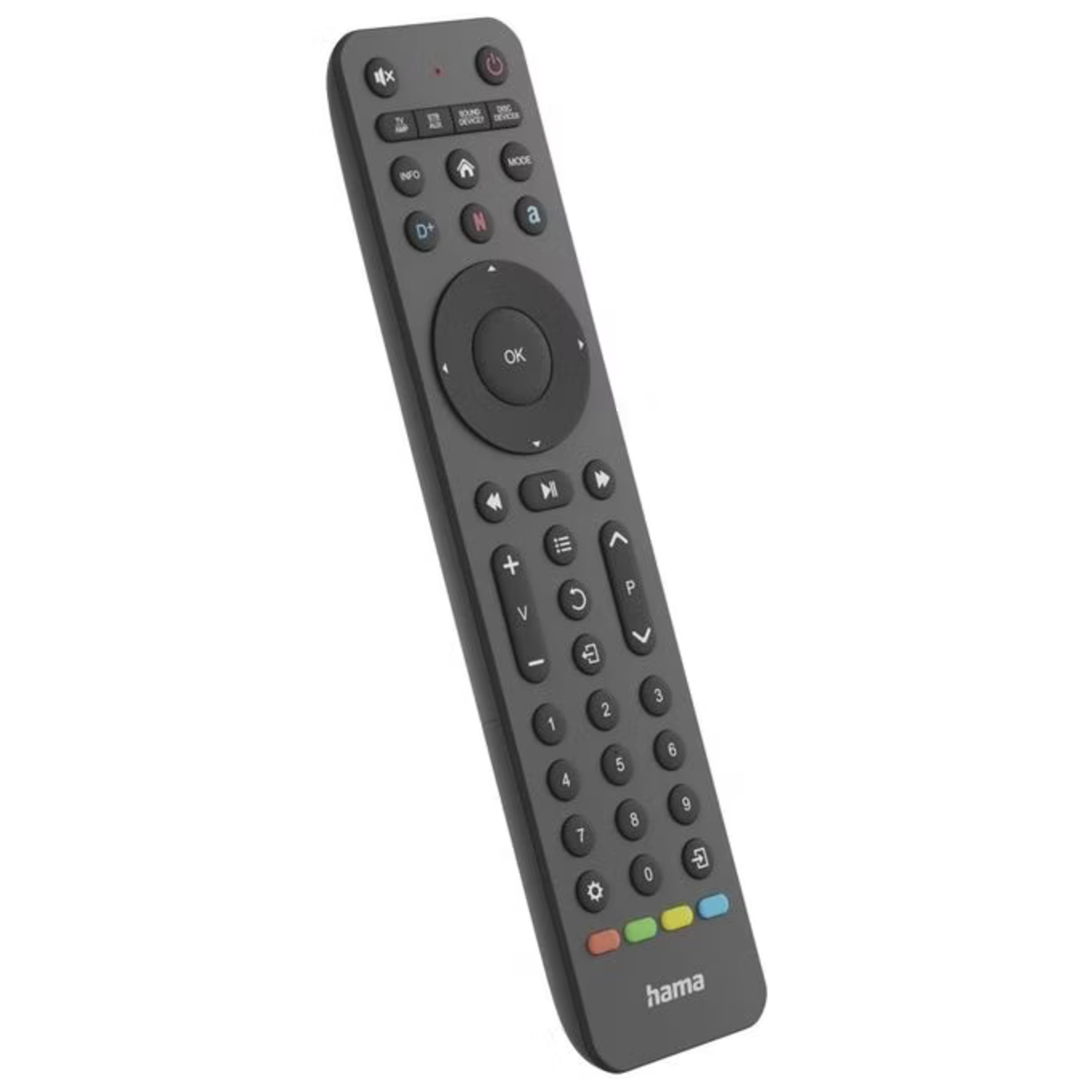 A dark gray Hama remote control with various buttons, including numbers, volume, and power, against a white background.